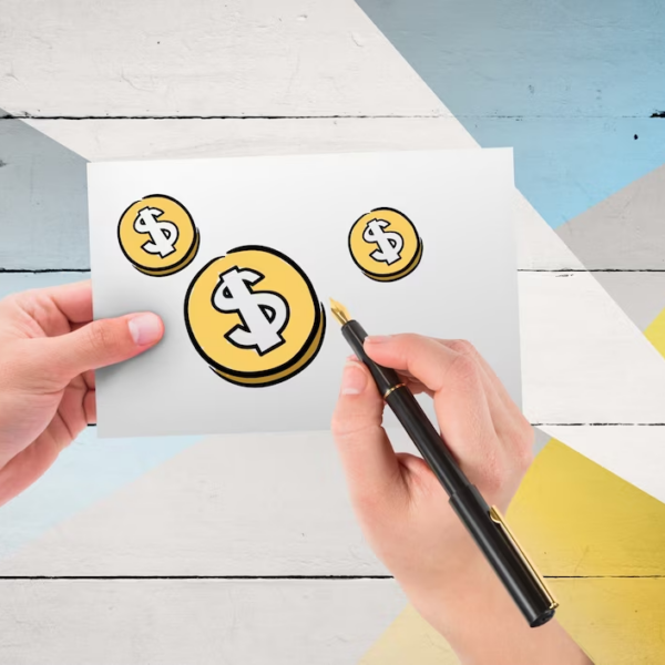 Hand holding a paper with a coin drawing and a pen