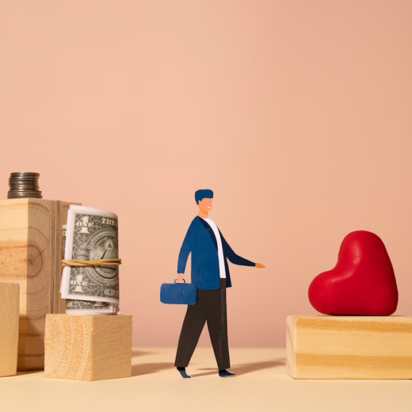 A man walking toward a heart symbol, with money depicted behind him.