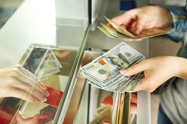 Person counting money at a currency service counter